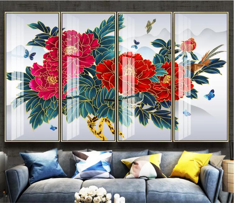 3D Red Peony Bird WC2495 Wall Murals