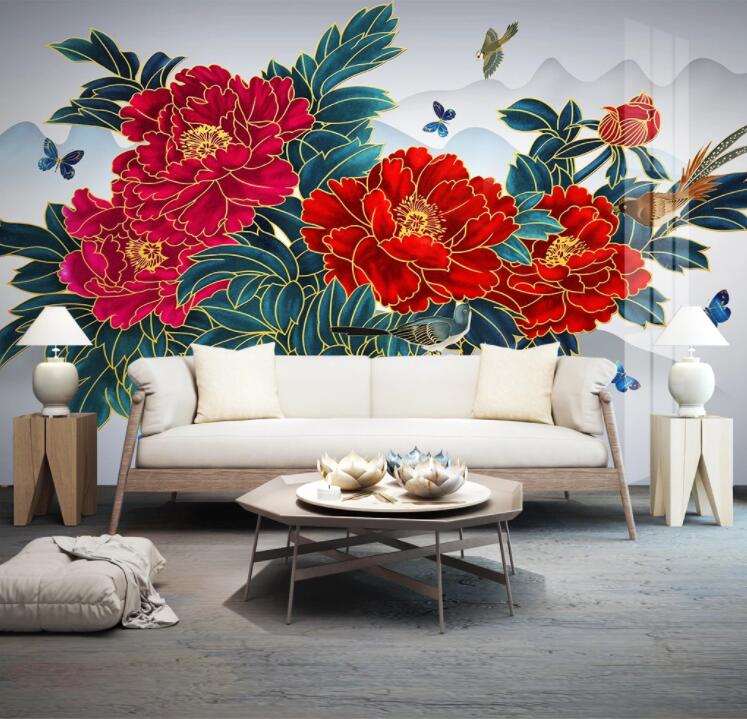 3D Red Peony Bird WC2495 Wall Murals