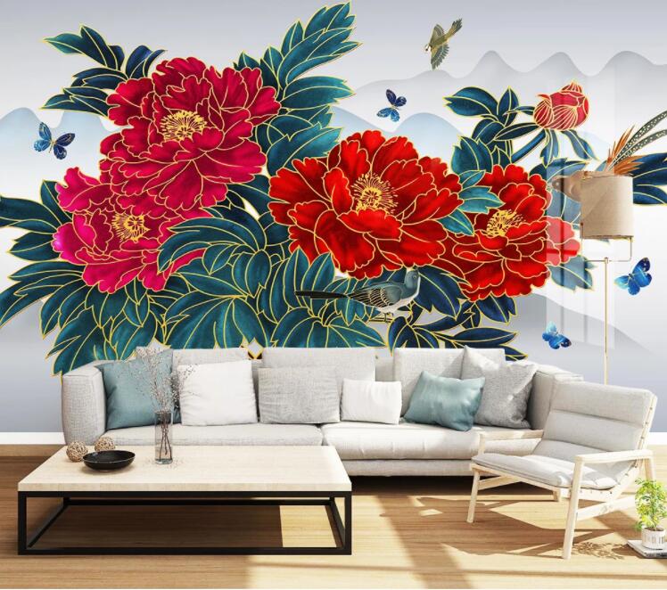 3D Red Peony Bird WC2495 Wall Murals