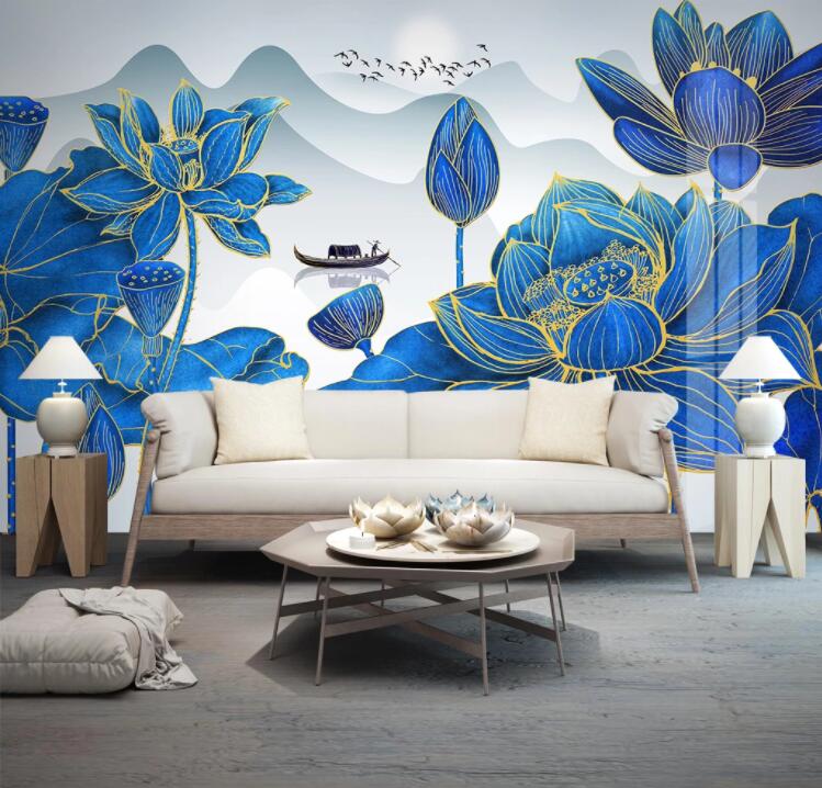 3D Blue Lotus Boat WC2446 Wall Murals