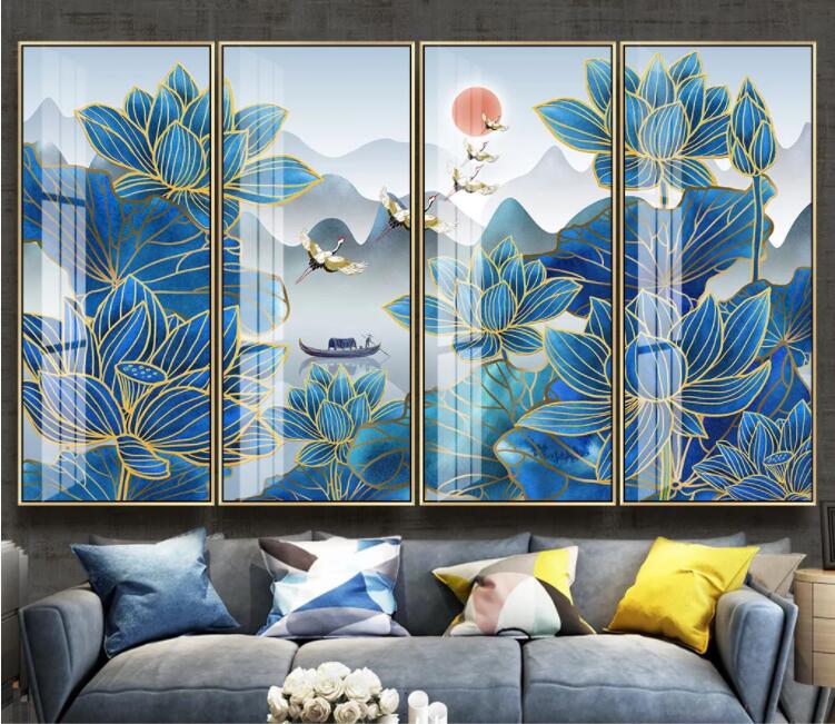 3D Blue Lotus Crane WC2322 Wall Murals