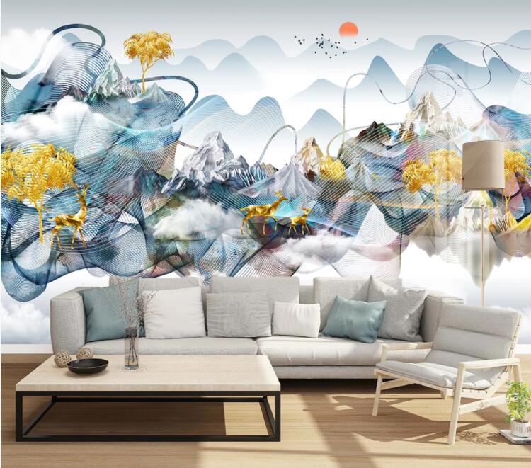 3D Mountain Golden Tree WC2279 Wall Murals