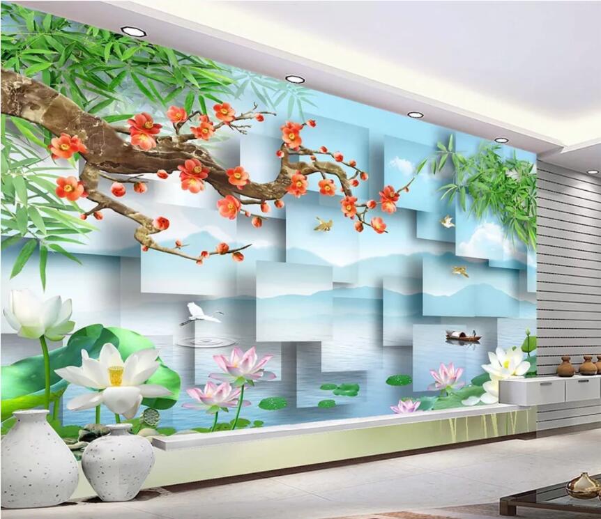 3D Lotus Crane Ship WC1762 Wall Murals