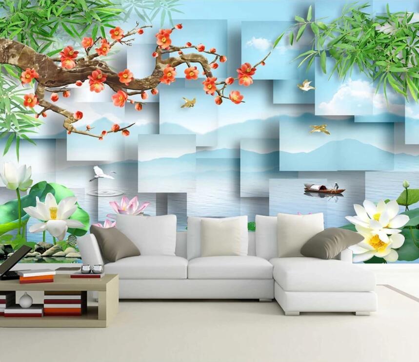 3D Lotus Crane Ship WC1762 Wall Murals