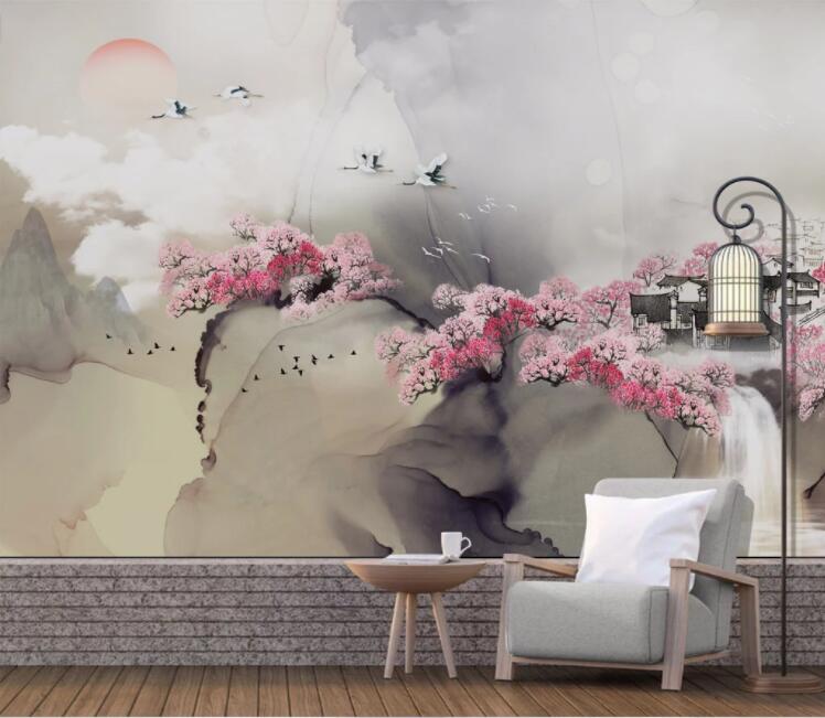 3D Peach Blossom Crane WC2745 Wall Murals