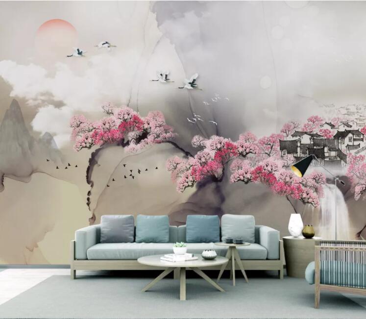 3D Peach Blossom Crane WC2745 Wall Murals