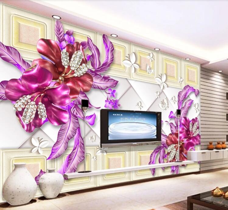 3D Purple Flower Leaves WC204 Wall Murals