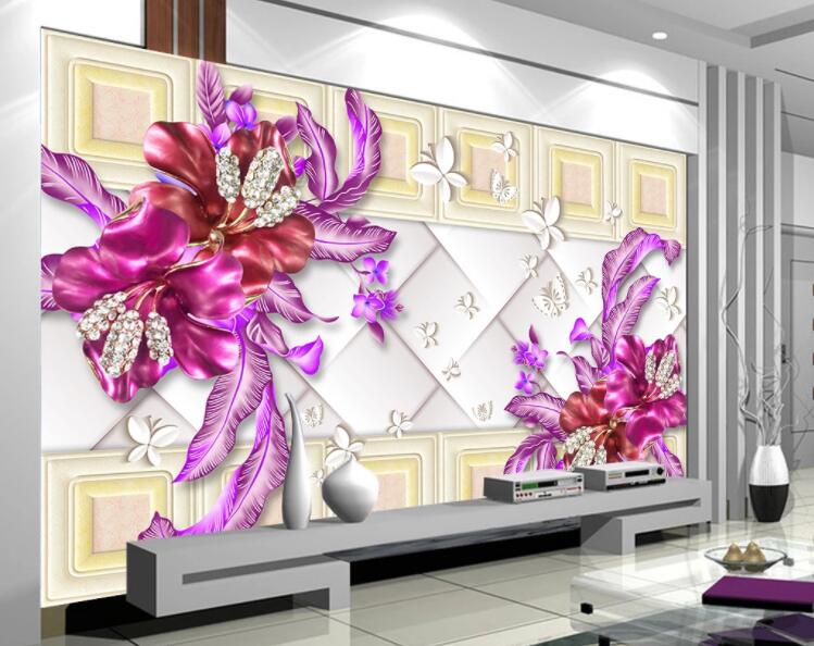 3D Purple Flower Leaves WC204 Wall Murals