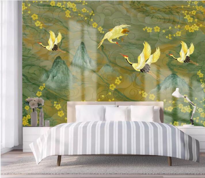 3D Yellow Flower Crane WC2719 Wall Murals