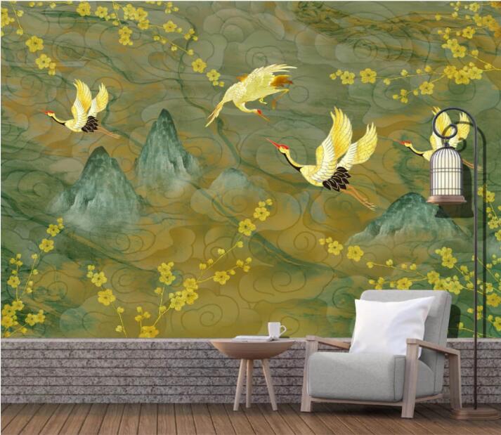 3D Yellow Flower Crane WC2719 Wall Murals