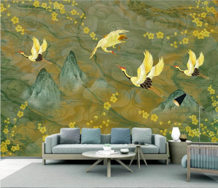 3D Yellow Flower Crane WC2719 Wall Murals