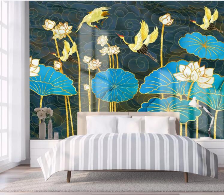 3D Lotus Leaf Crane WC2699 Wall Murals