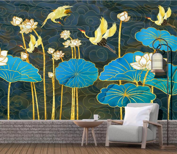 3D Lotus Leaf Crane WC2699 Wall Murals