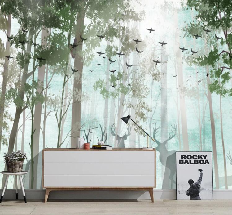 3D Forest Deer Bird WC1808 Wall Murals