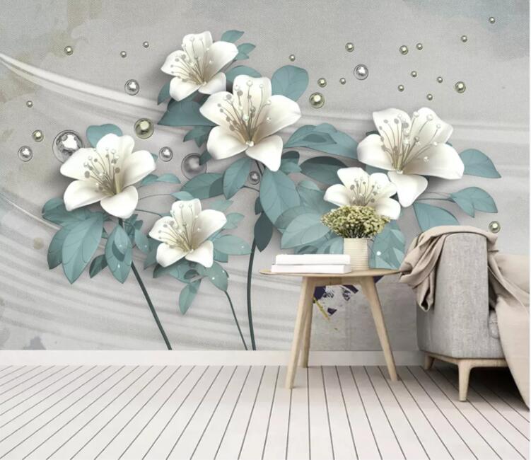 3D White Lily Pearl WC2728 Wall Murals