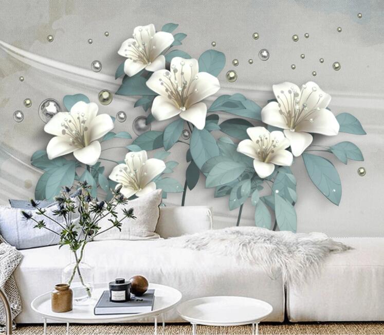 3D White Lily Pearl WC2728 Wall Murals