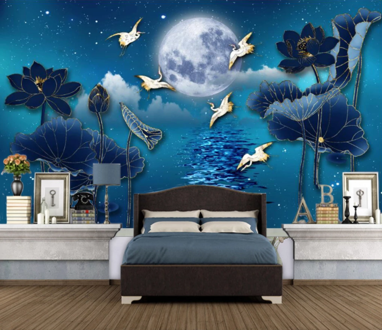 3D Moon Crane Pond WC2555 Wall Murals