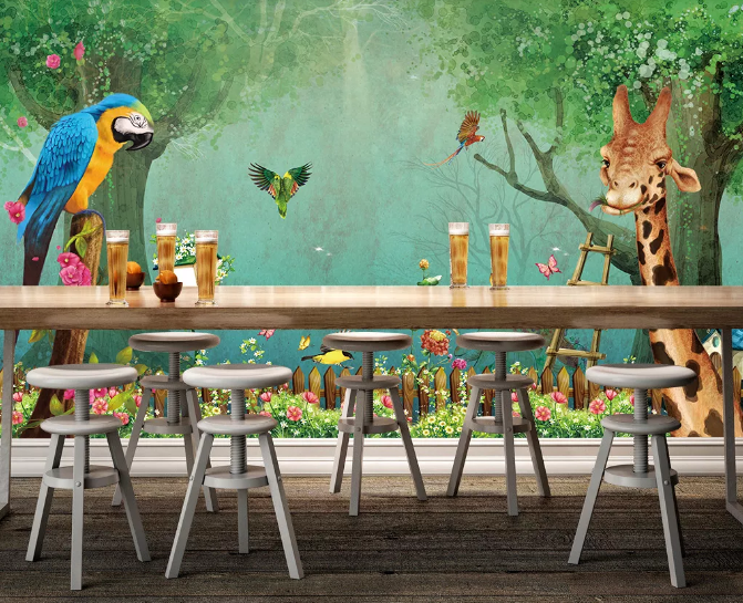 3D Parrot Giraffe WC172 Wall Murals