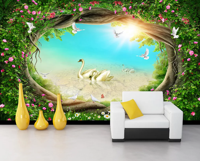 3D Tree Hole Swan WC337 Wall Murals