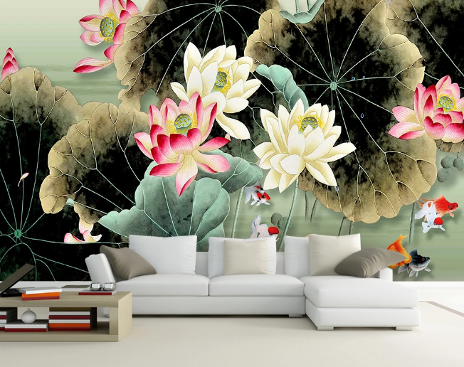 3D Lotus Goldfish WC107 Wall Murals