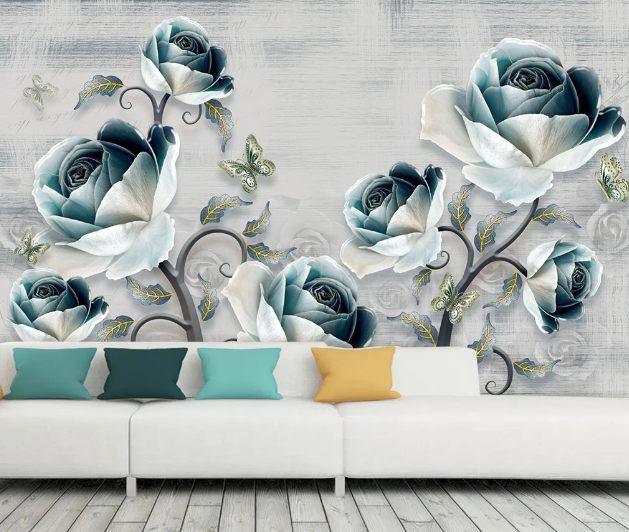 3D Green Rose Butterfly WC2191 Wall Murals