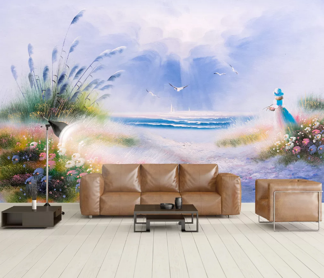 3D Flower Grass River WC928 Wall Murals