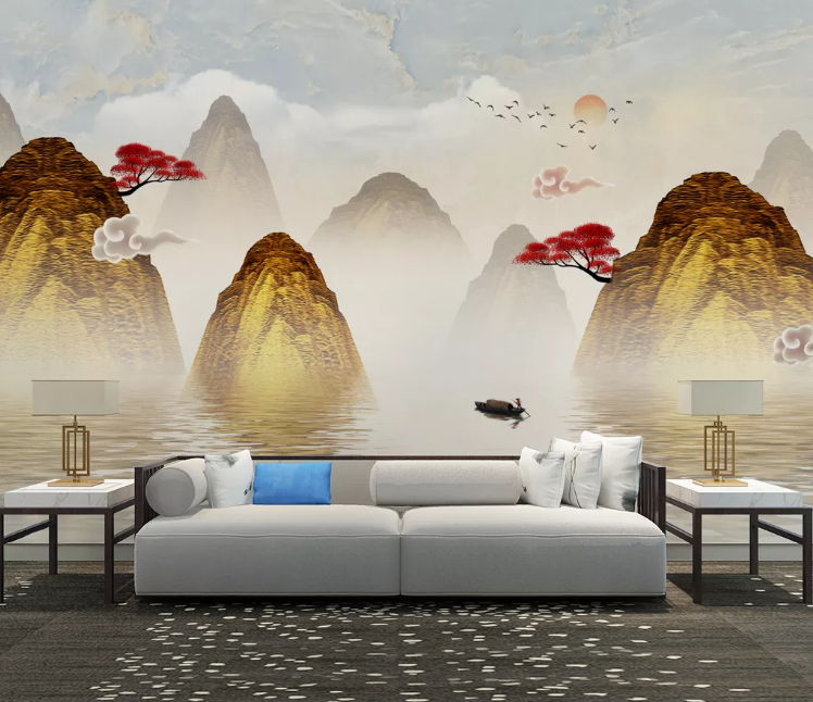 3D Mountain Red Tree WC2284 Wall Murals