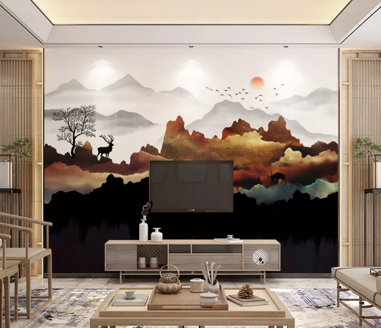 3D Sun Mountain Deer WC1940 Wall Murals