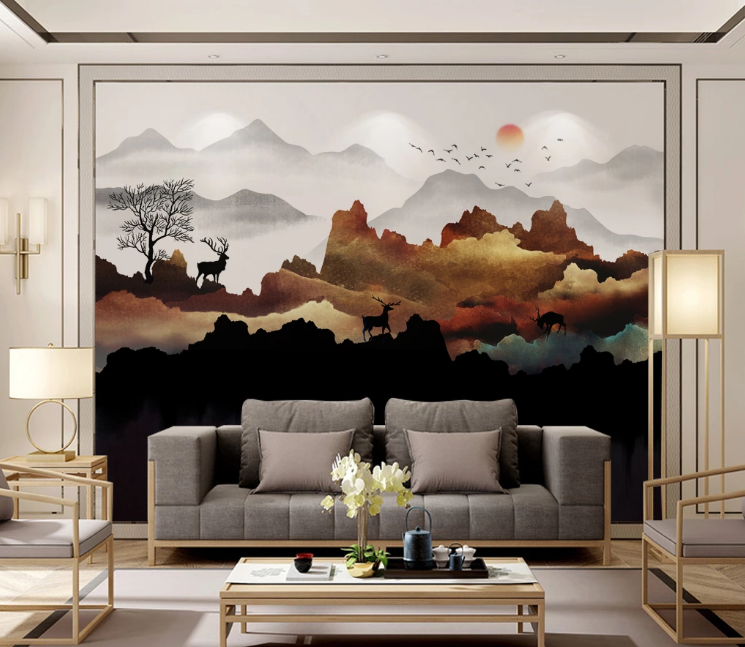 3D Sun Mountain Deer WC1940 Wall Murals