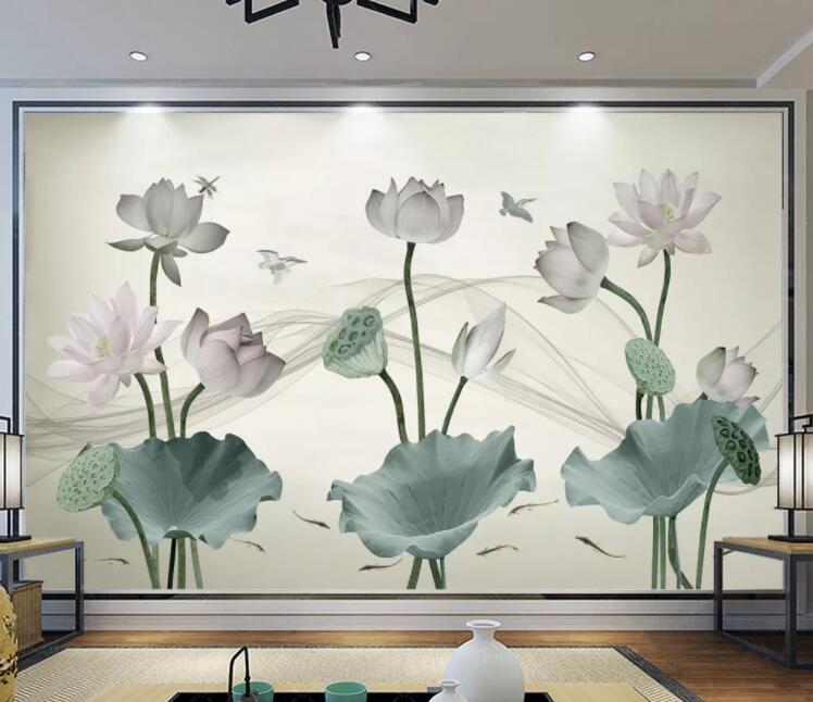 3D Lotus Dragonfly Bird WC2482 Wall Murals