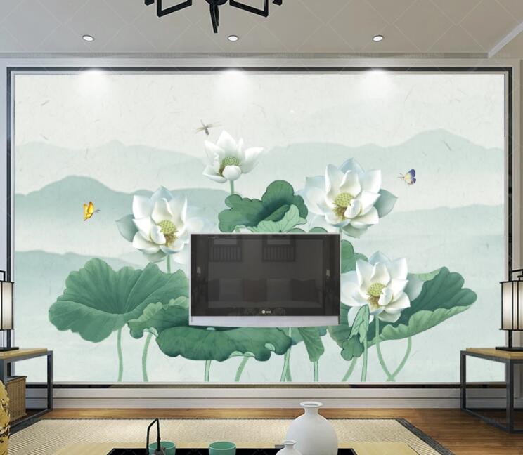 3D White Lotus Dragonfly WC2189 Wall Murals