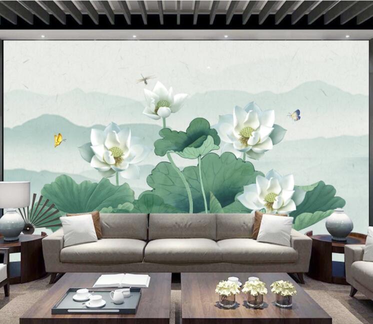 3D White Lotus Dragonfly WC2189 Wall Murals