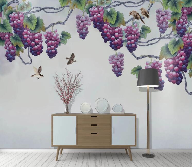 3D Purple Grape Bird WC2402 Wall Murals