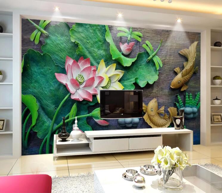 3D Lotus Leaf Goldfish WC1036 Wall Murals