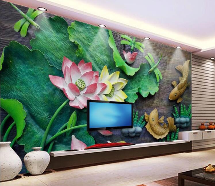 3D Lotus Leaf Goldfish WC1036 Wall Murals