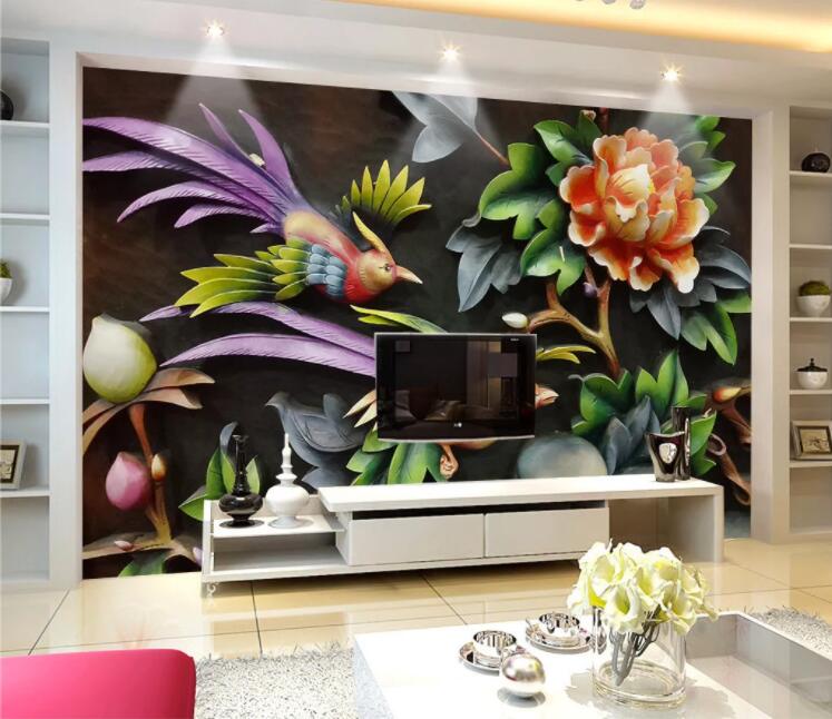 3D Parrot Peony WC1030 Wall Murals