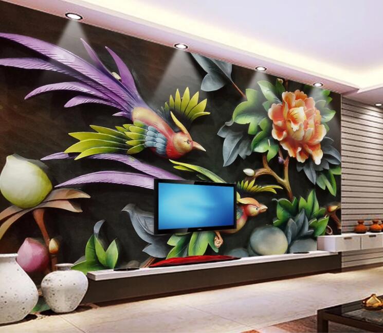 3D Parrot Peony WC1030 Wall Murals