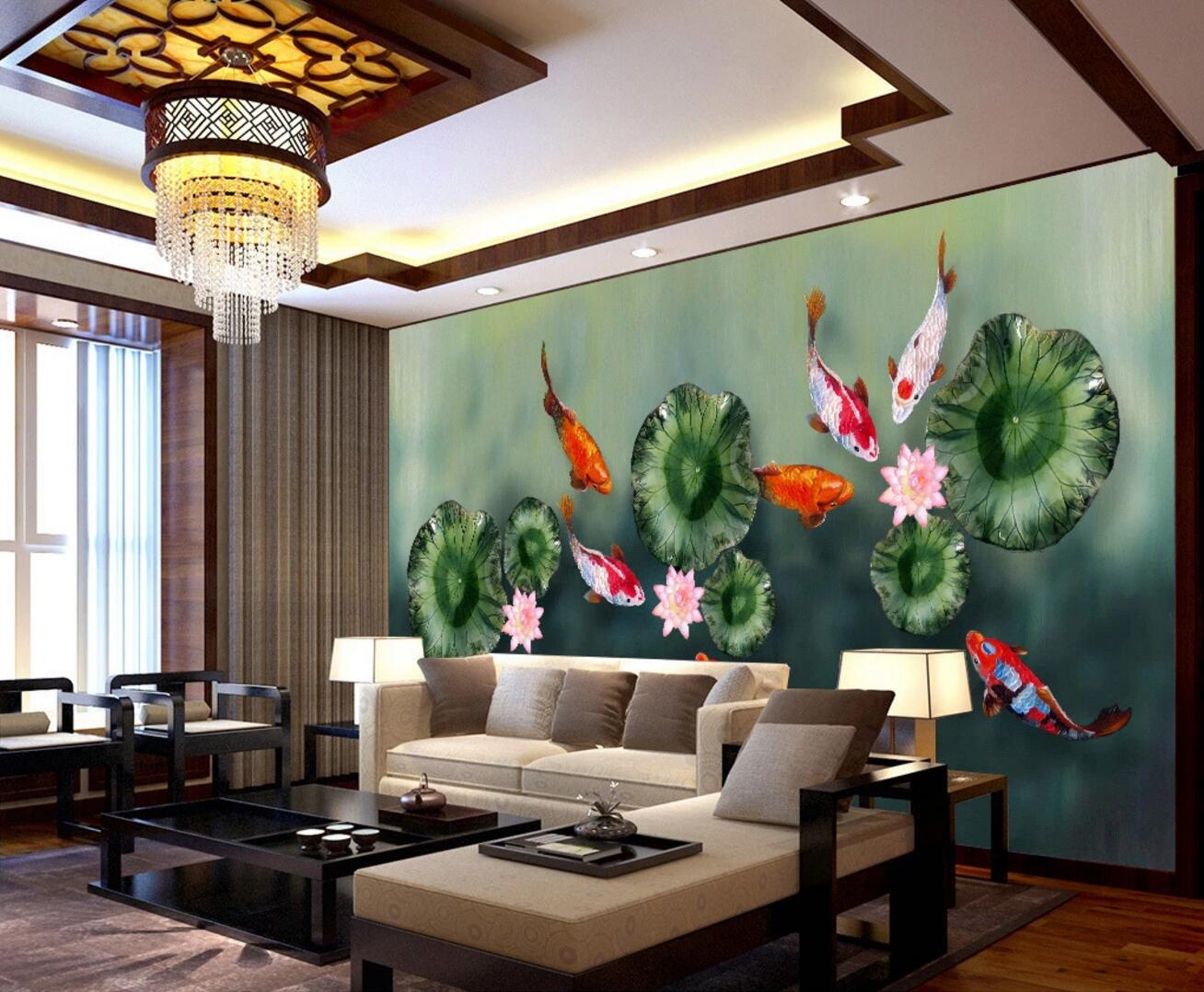 3D Lotus Leaf Goldfish WC377 Wall Murals