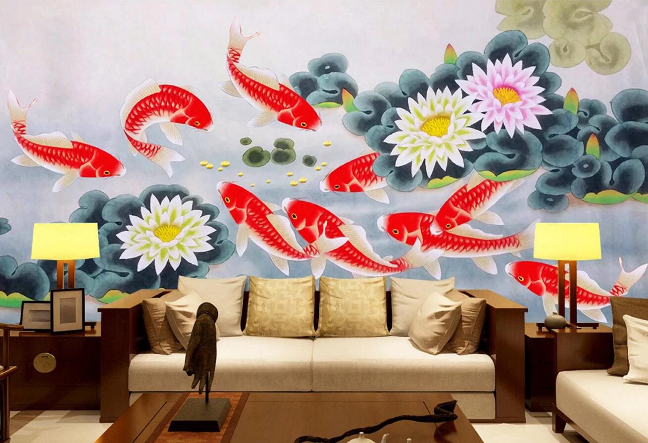 3D Lotus Goldfish WC376 Wall Murals