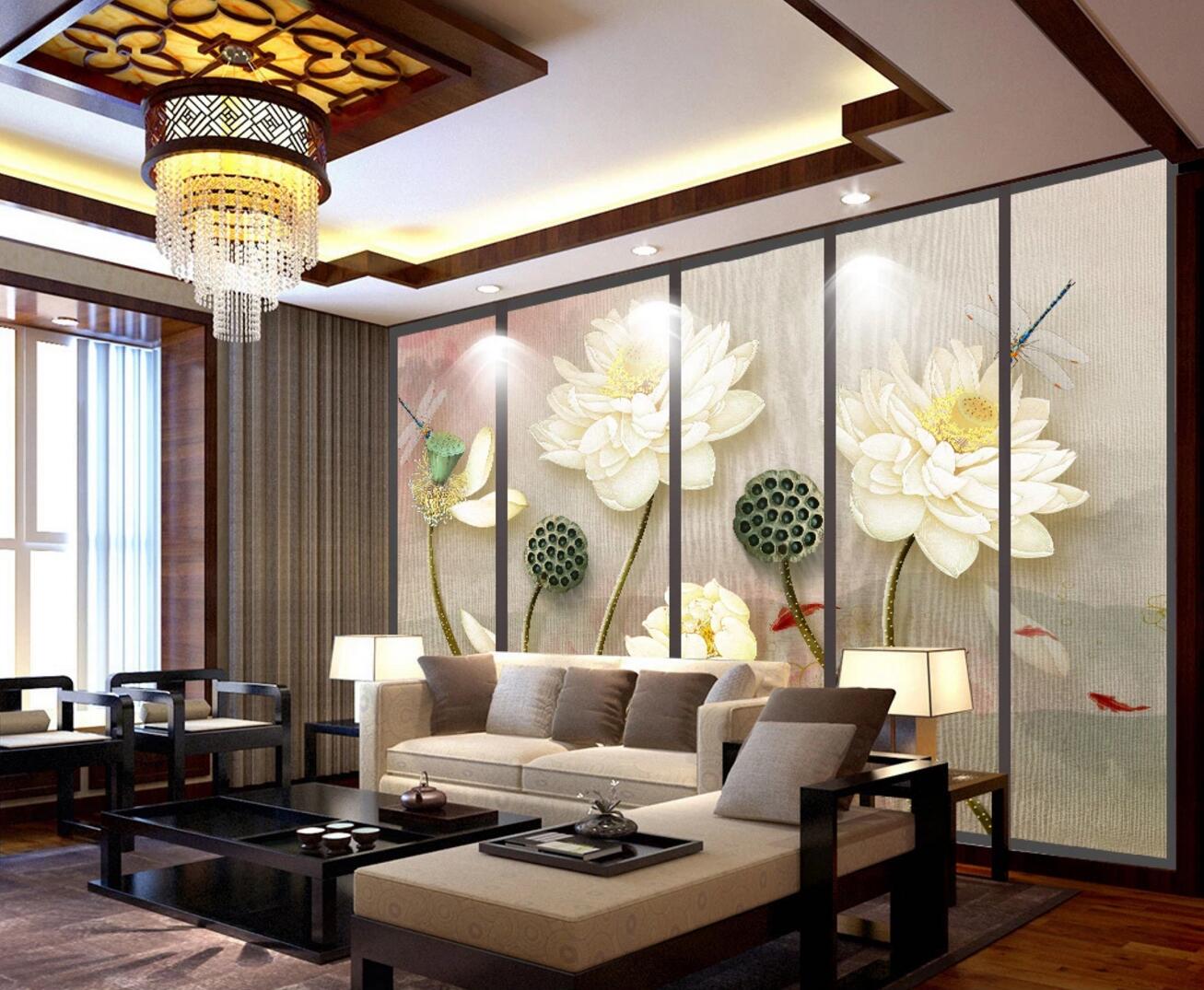 3D Lotus Dragonfly Koi WC471 Wall Murals