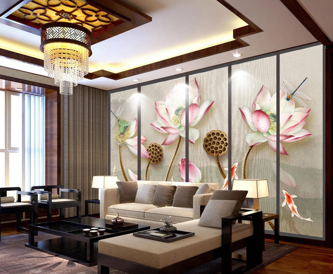 3D Lotus Dragonfly WC470 Wall Murals