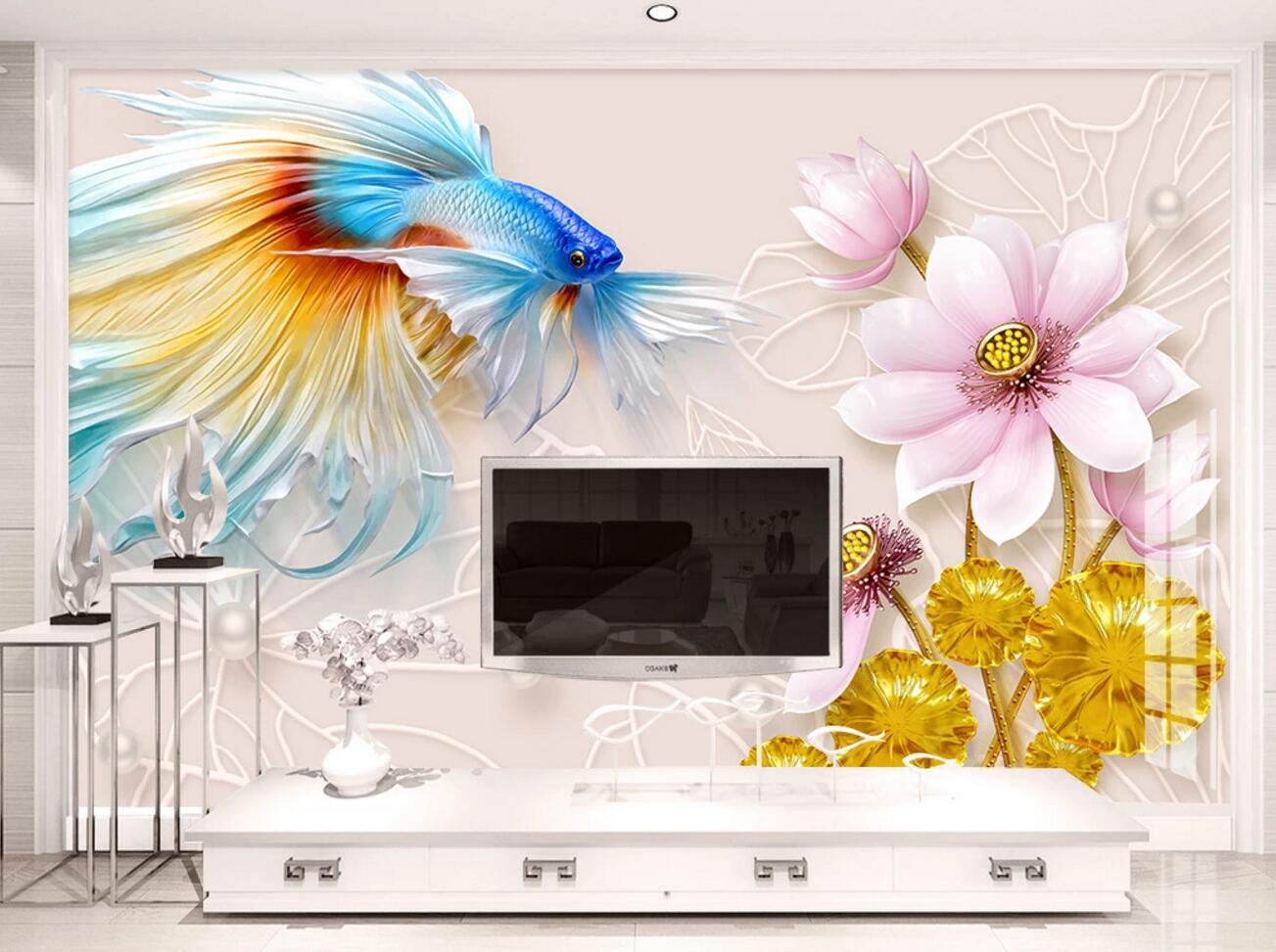 3D Color Koi Lotus WC500 Wall Murals