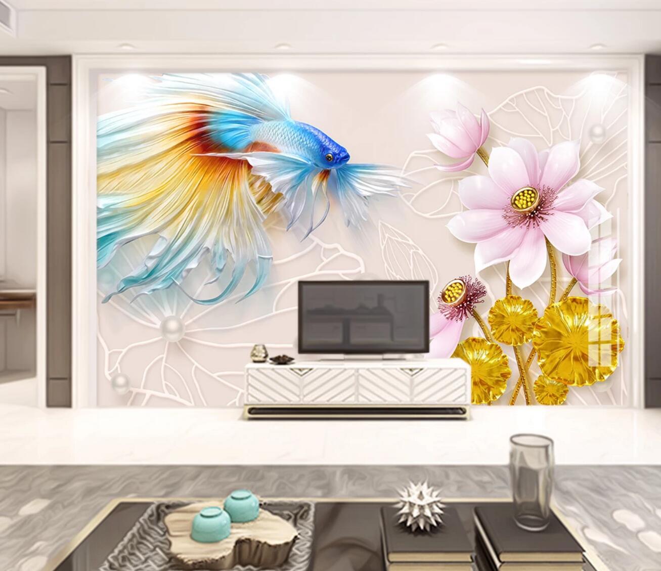 3D Color Koi Lotus WC500 Wall Murals