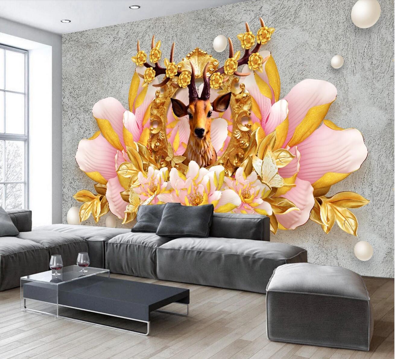 3D Peony Deer WC675 Wall Murals