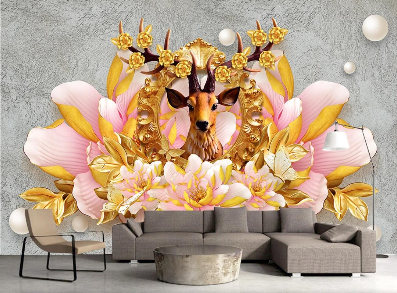 3D Peony Deer WC675 Wall Murals