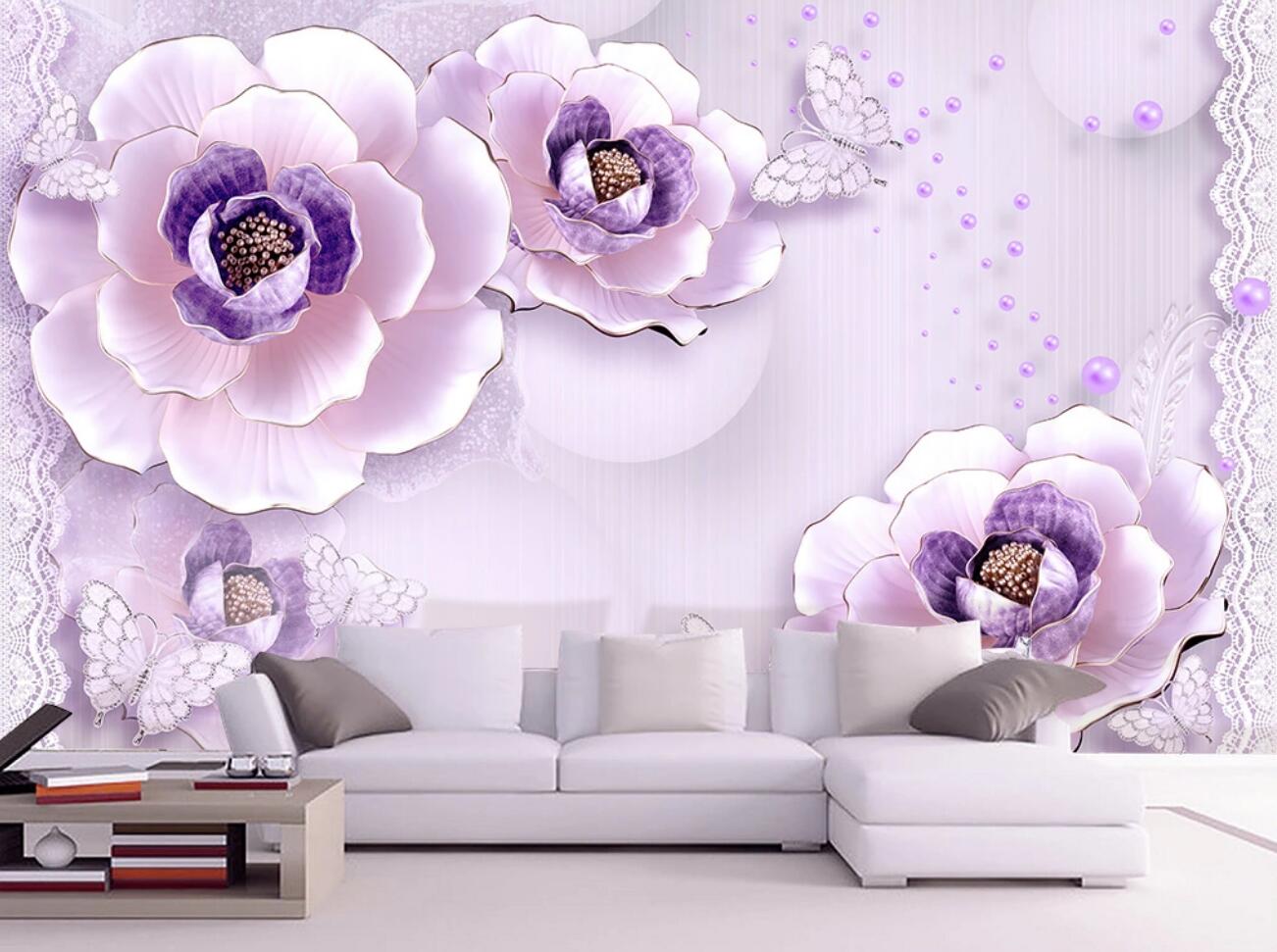 3D Purple Pearl Flower WC728 Wall Murals