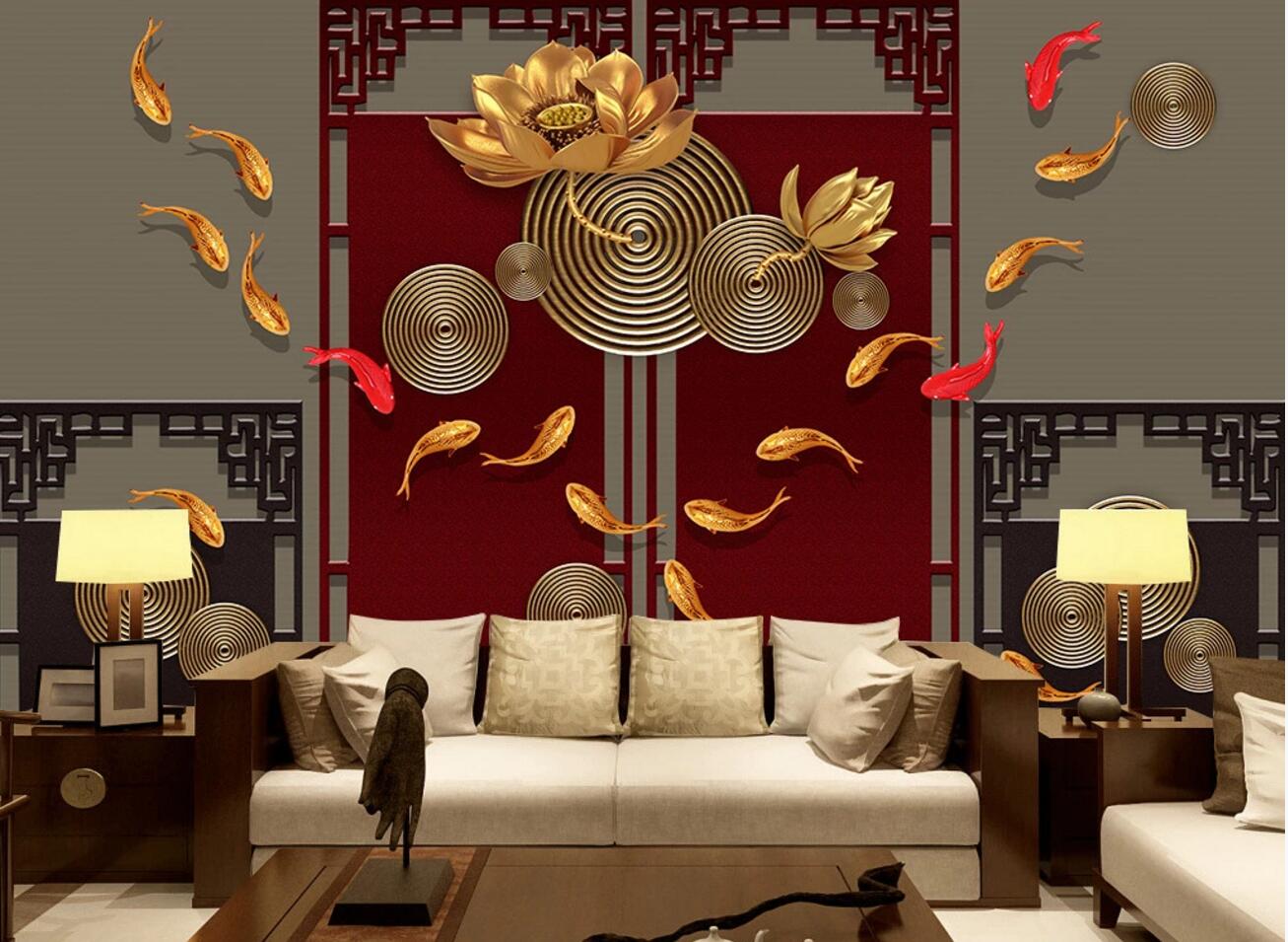 3D Golden Koi Lotus WC1099 Wall Murals