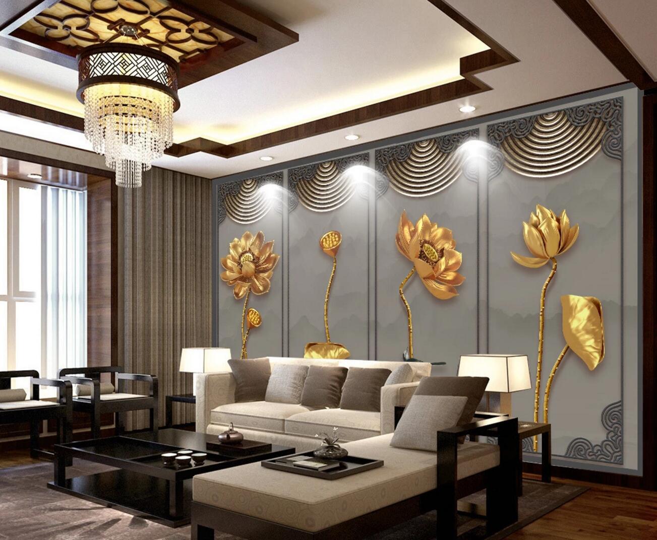 3D Golden Lotus Seeds WC1089 Wall Murals