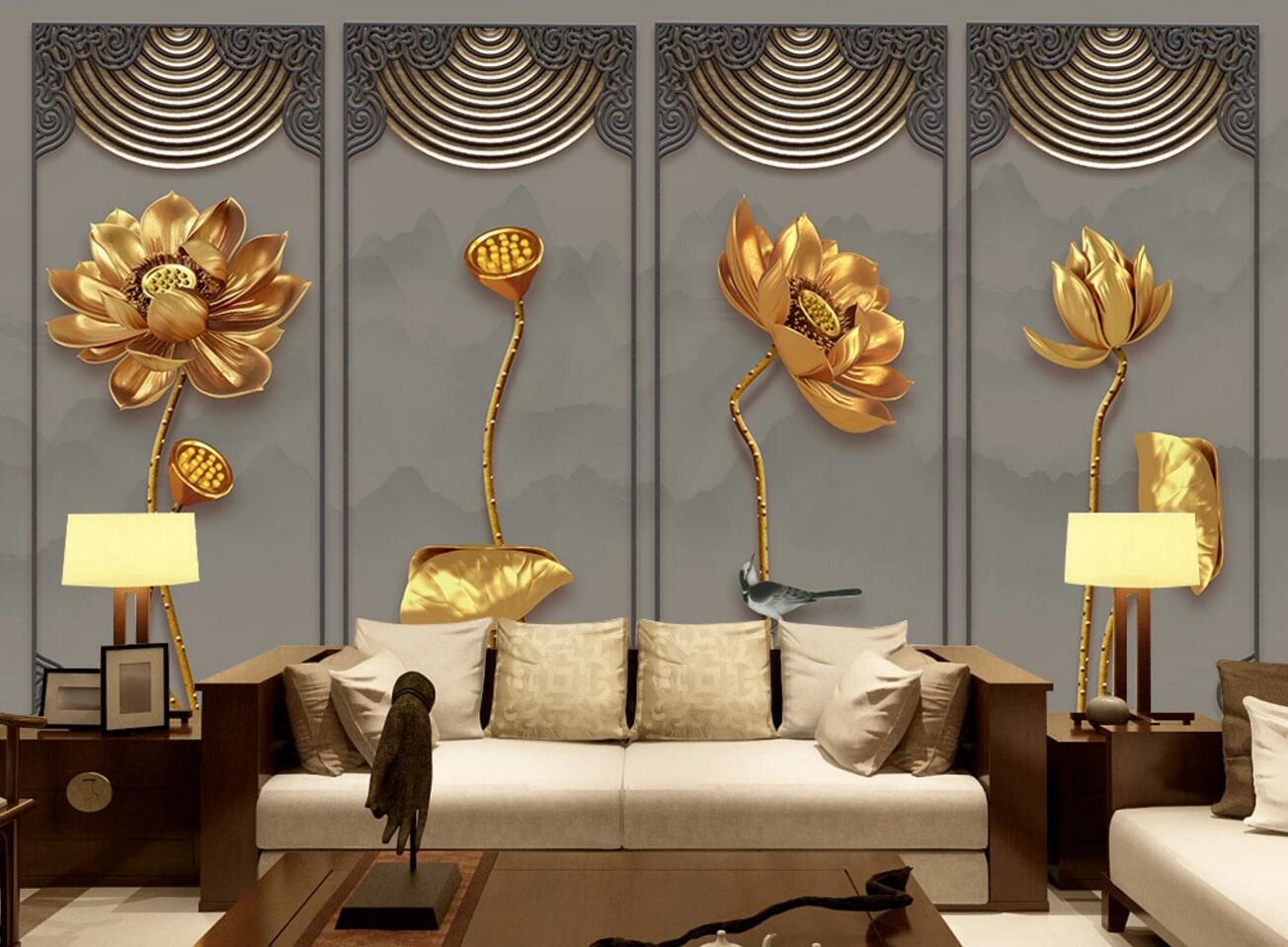 3D Golden Lotus Seeds WC1089 Wall Murals