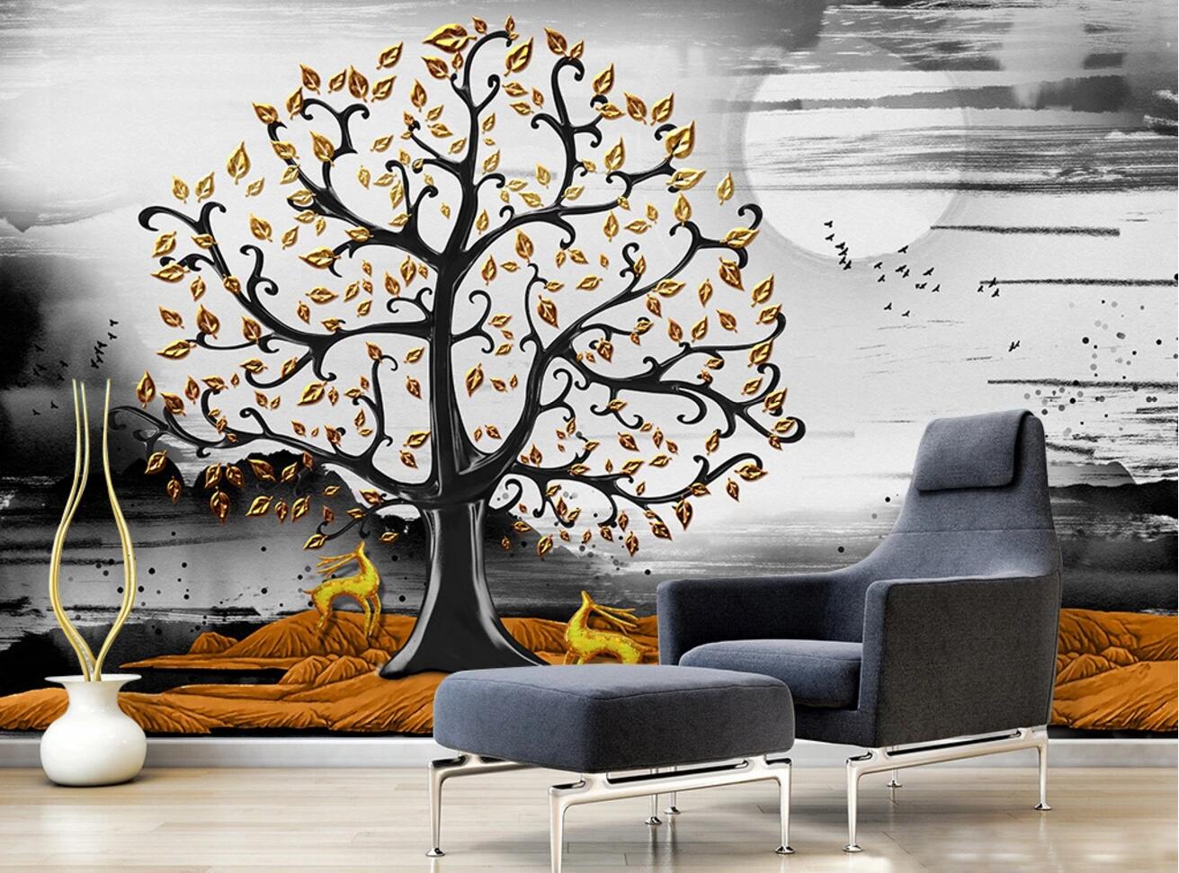 3D Moon Golden Tree WC1061 Wall Murals